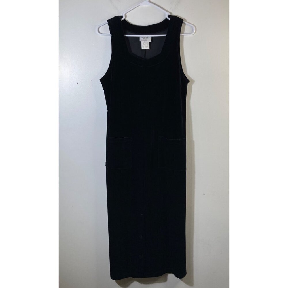 Womens Studio Ease Velvet Jumper Dress Black 8P Pockets Buttons on Bottom Midi